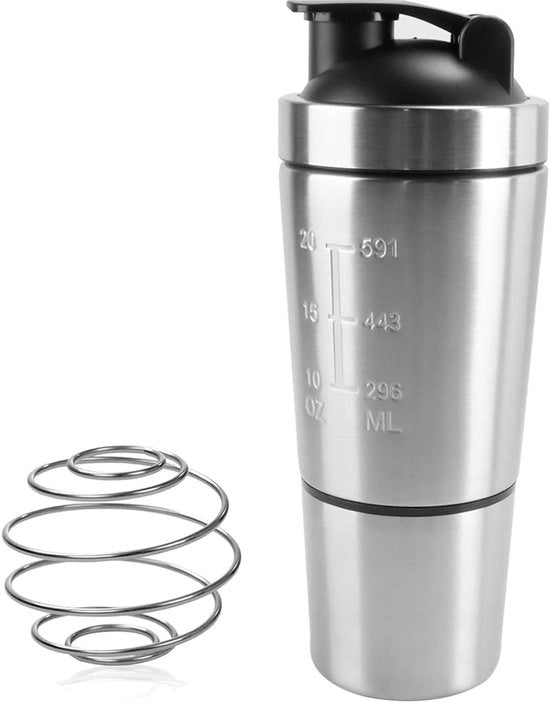 Shaker per Proteine 600/200 ml in Acciaio Inossidabile - BPA Libero - Doppio Strato - Design 2 in 1 - Misuratore - Contenitore di Conservazione - Shaker per Proteine