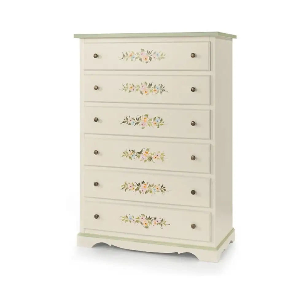 Cassettiera 6 cassetti arte povera in legno massello e mdf con rifinitura in bianco filo verde con decori 97x49x140 H