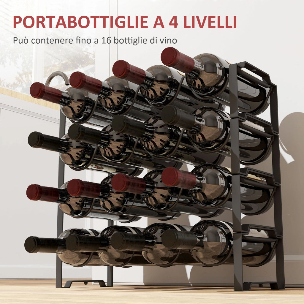 EasyComfort Portabottiglie a 4 Livelli a Onda Impilabili per 16 Bottiglie, in Metallo, 42.5x16.5x41 cm, Nero
