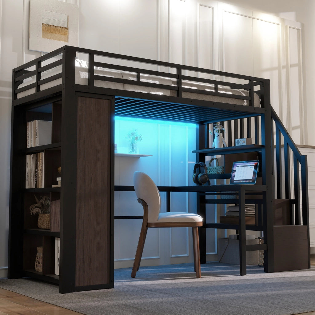 Letto castello 90x200 ferro scrivania LED scala stivaggio nero