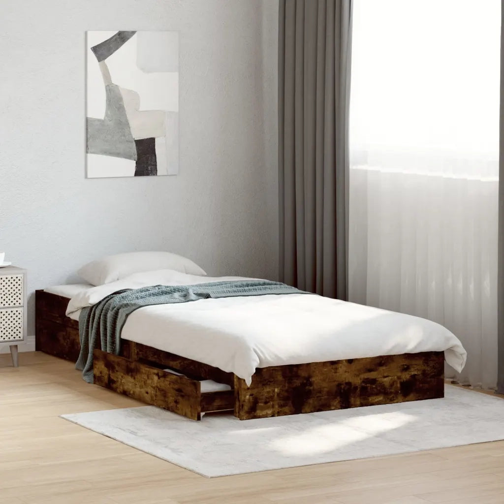 Letto singolo | Letto per adulti | Giroletto con Cassetti Rovere Fumo 75x190 cm Legno Multistrato