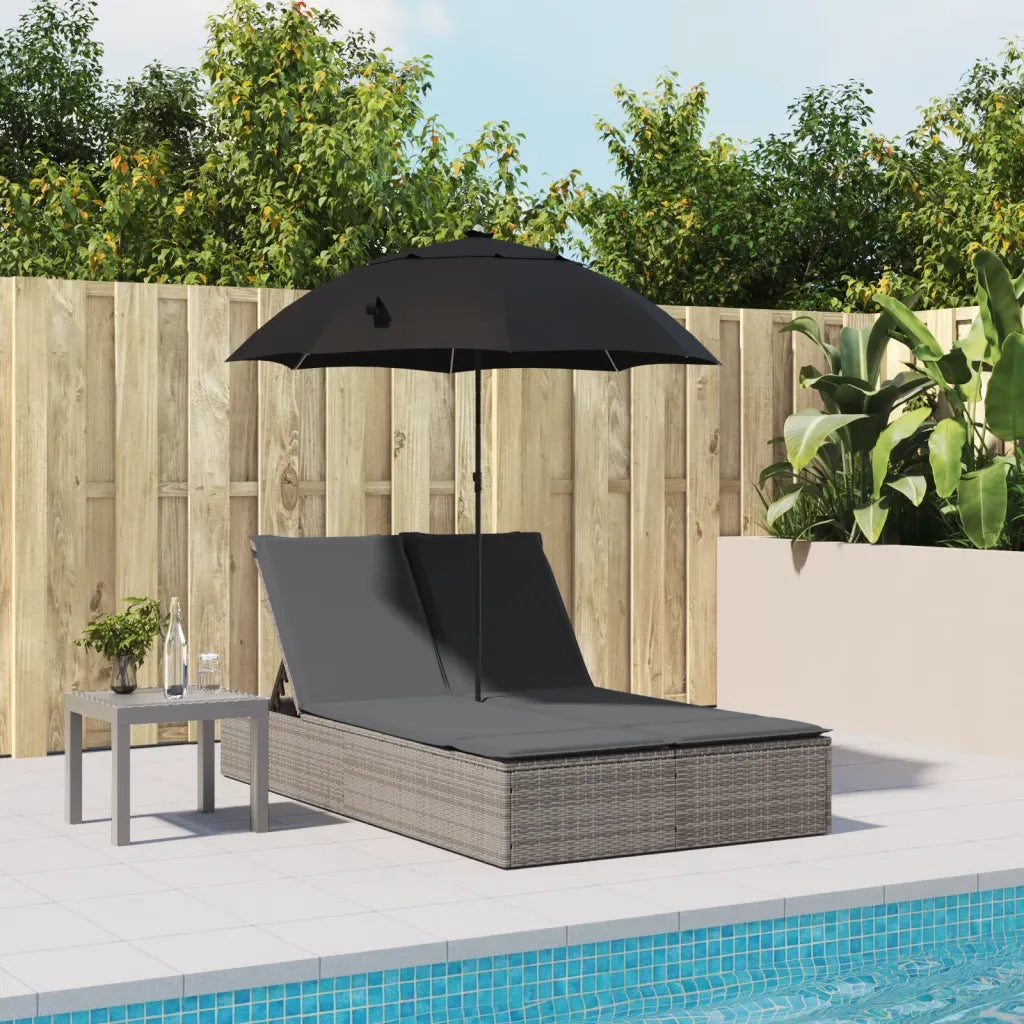 Lettino Prendisole Doppio Cuscini e Parasole Grigio Polyrattan 368083