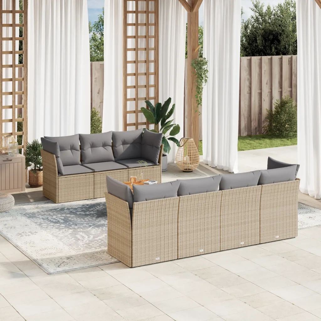 Set Divano da Giardino 8 pz con Cuscini Beige in Polyrattan