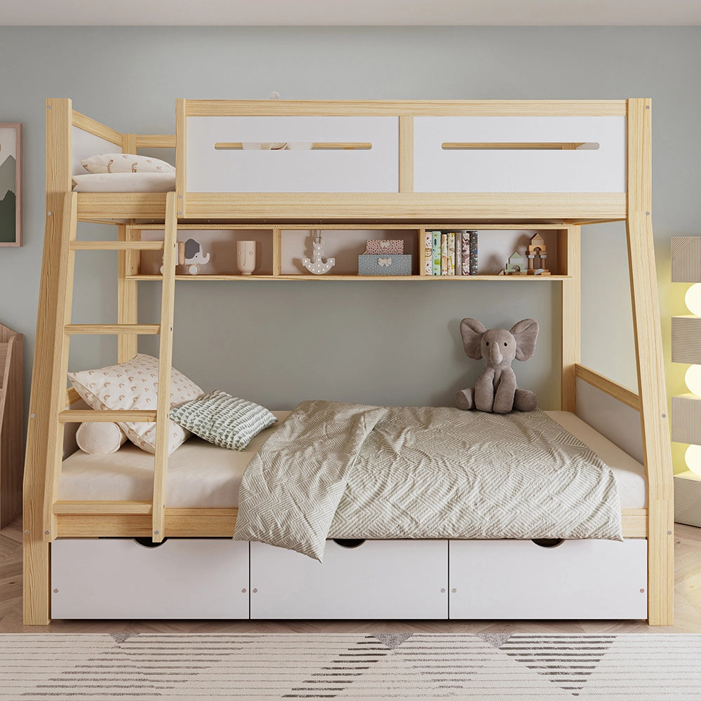 Letto a castello-Xylo-90x200+120x200cm, 3 cassetti, libreria 2m