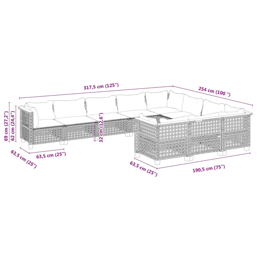 Set Divani da Giardino 10pz con Cuscini in Polyrattan Nero