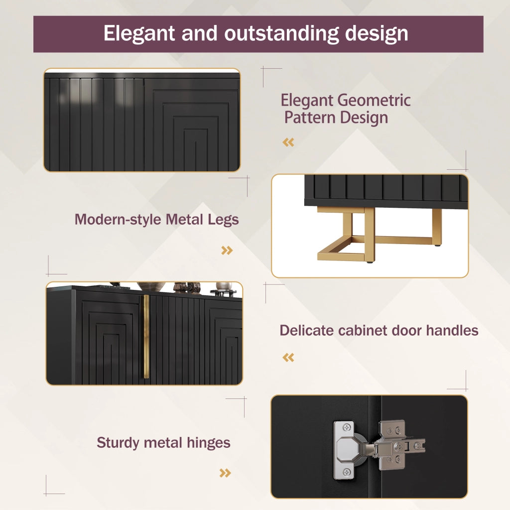 Credenza Sideboard ¨C MINIMAL ¨C Nero, Design Geometrico, Maniglie Dorate, 152x40x75 cm
