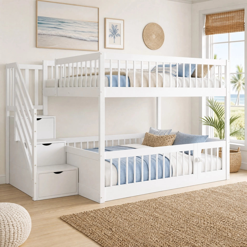 LETTO a castello 140x200 cm in legno bianco con scala e cassetti
