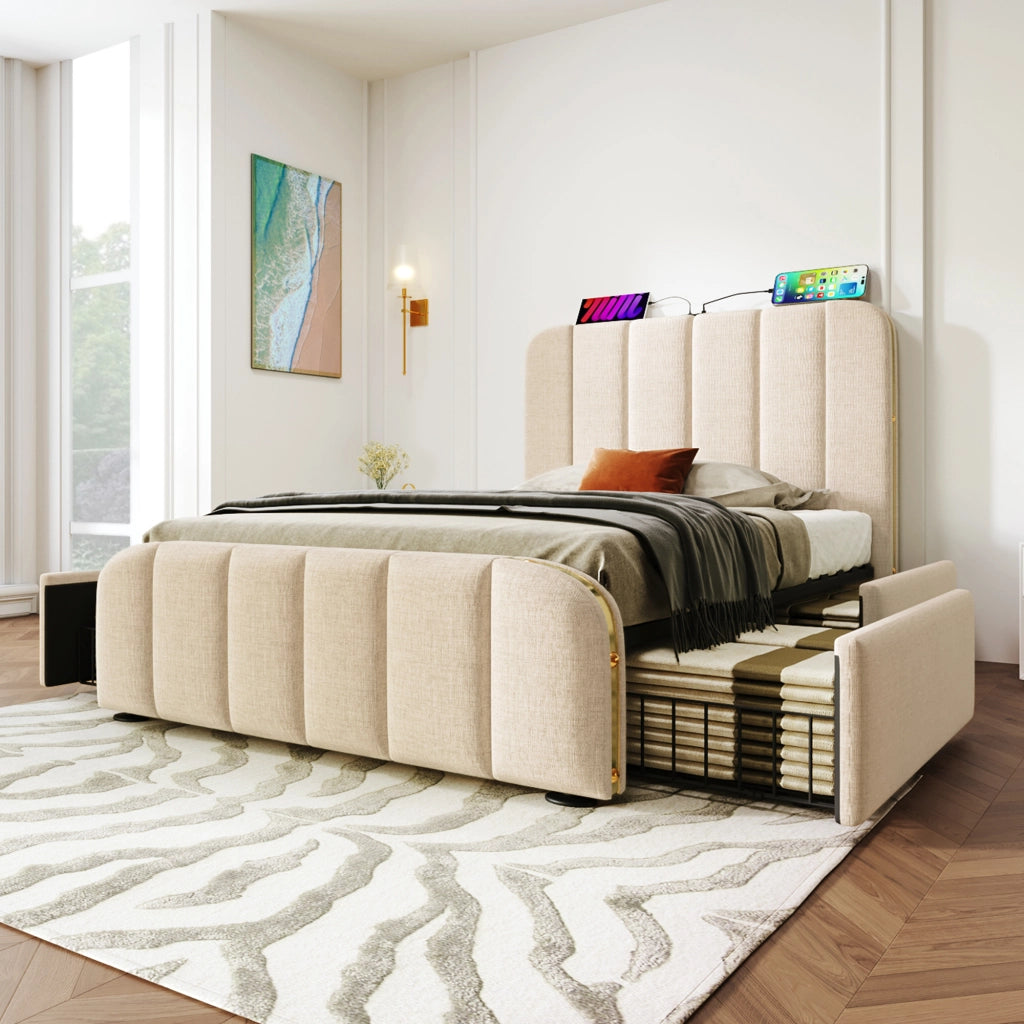 Letto singolo – 90x200 cm – USBC 4 cassetti – lino beige