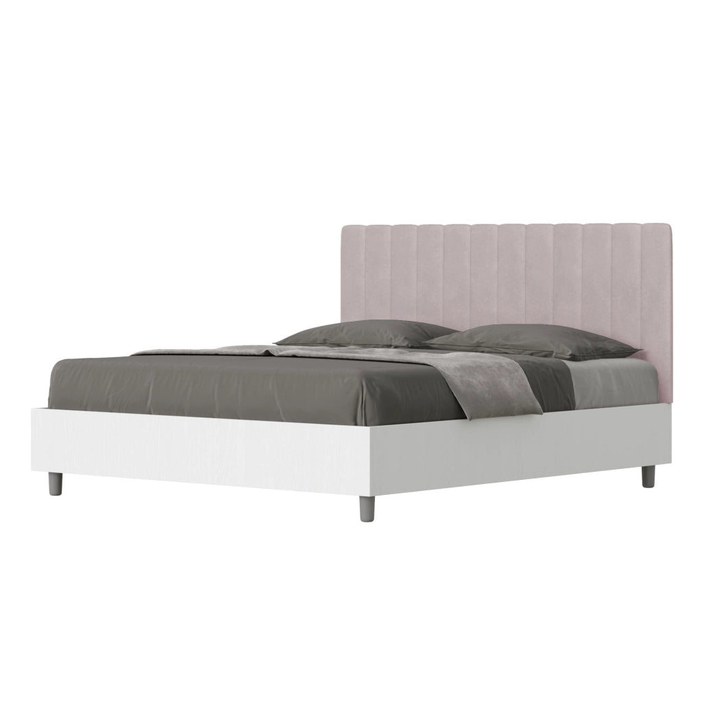 BS COM Letto matrimoniale contenitore 160x200 bianco frassino testata microfibra glicine