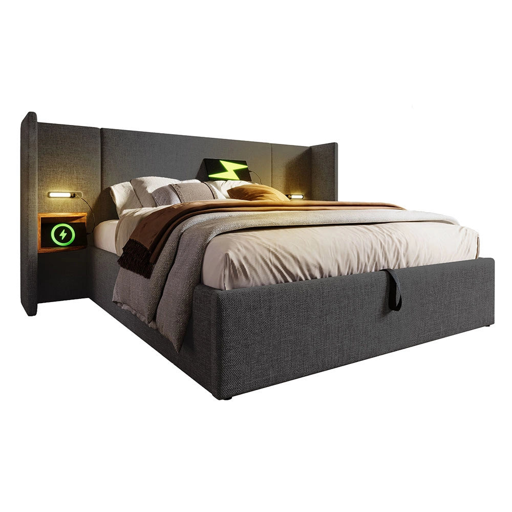 Letto imbottito con cassone - Xylo - 180??200 cm - Grigio Lin - Comodino con luce e USB Type-C