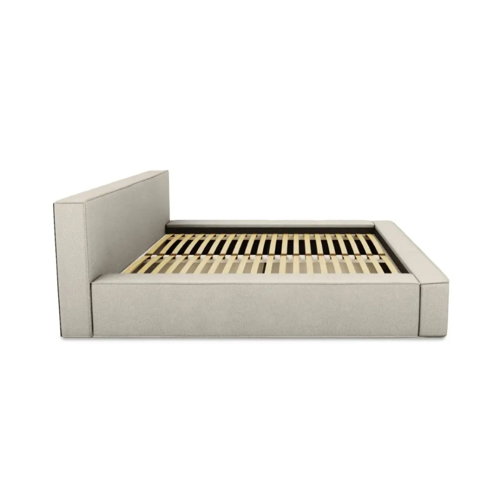 Letto contenitore VELORA – Sabbia ricciolata – 140x200 cm – Tessuto effetto lana – Rete sollevabile – Spazio di stoccaggio integrato