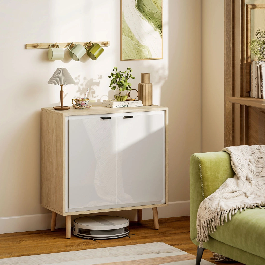 Credenza Moderna a 2 Ante con Ripiano Regolabile. 72x35x77 cm. Bianco Lucido e Rovere