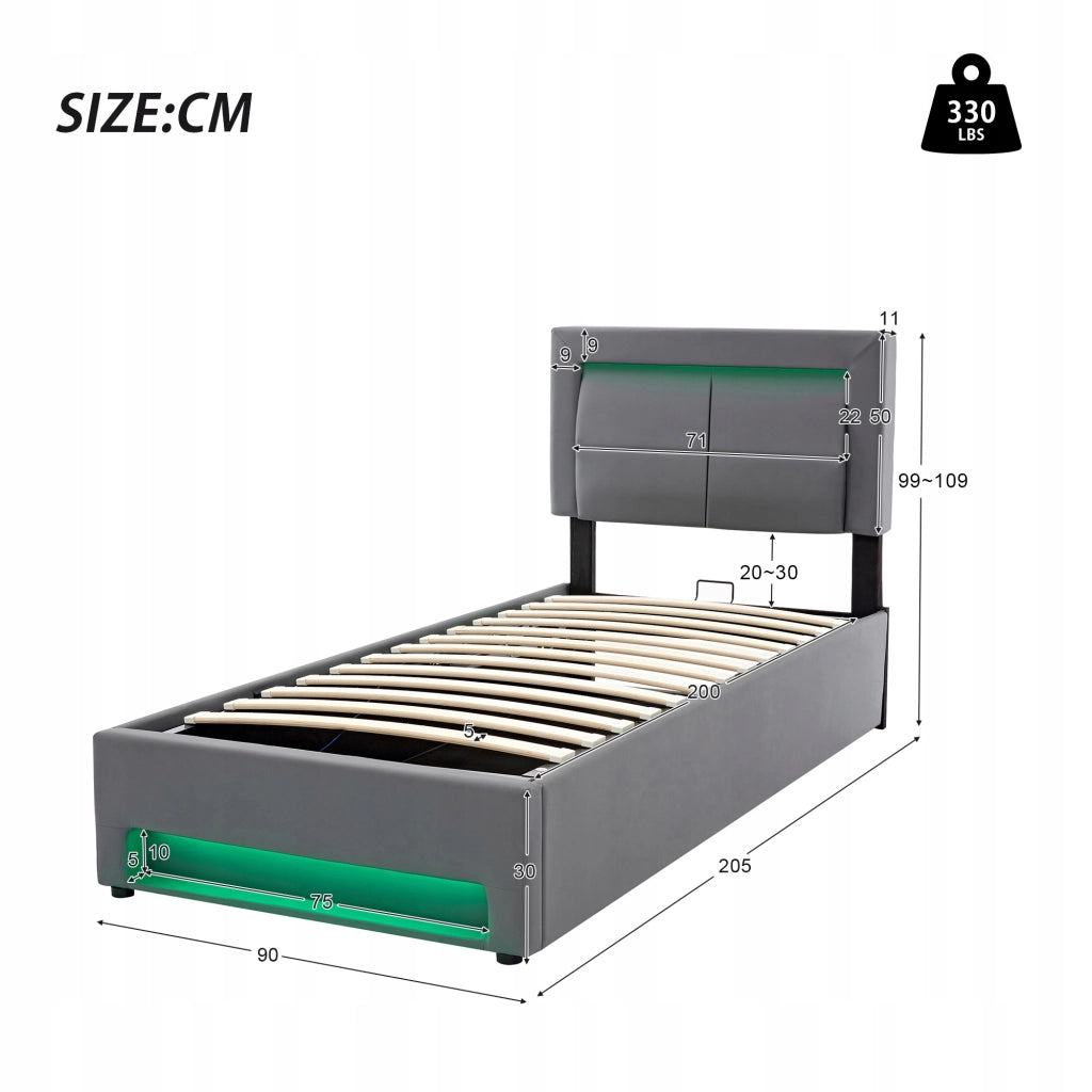 Letto imbottito 90x200 - Xylo - Grigio, USB, LED, con ripostiglio