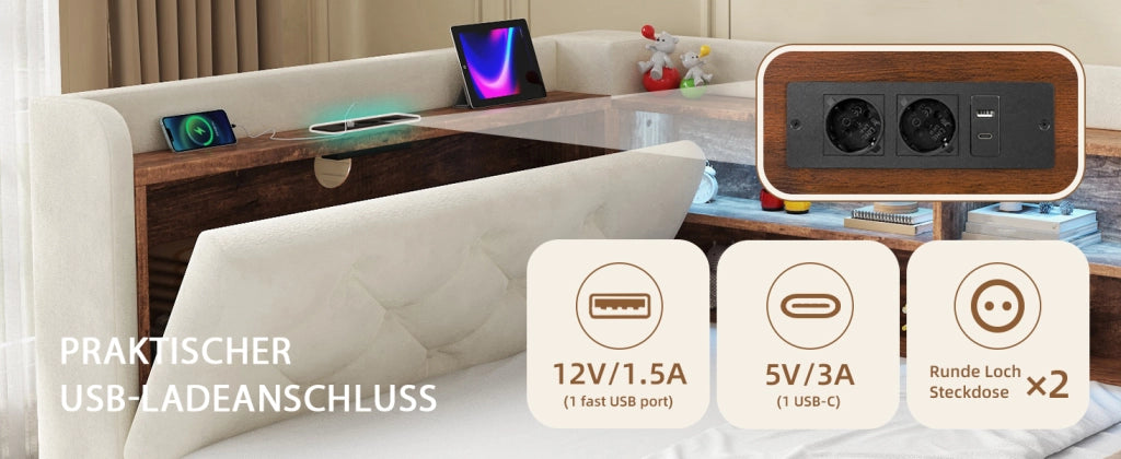 Divano letto estraibile 90x190 cm in velluto beige con contenitore, USB, Type-C e LED