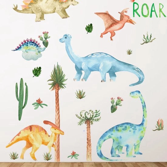Decorazioni per parete dinosauri cartoon - 39 pezzi - Decorazione per parete autoadesiva - Disegni divertenti - Palme/cactus - Adesivo forte