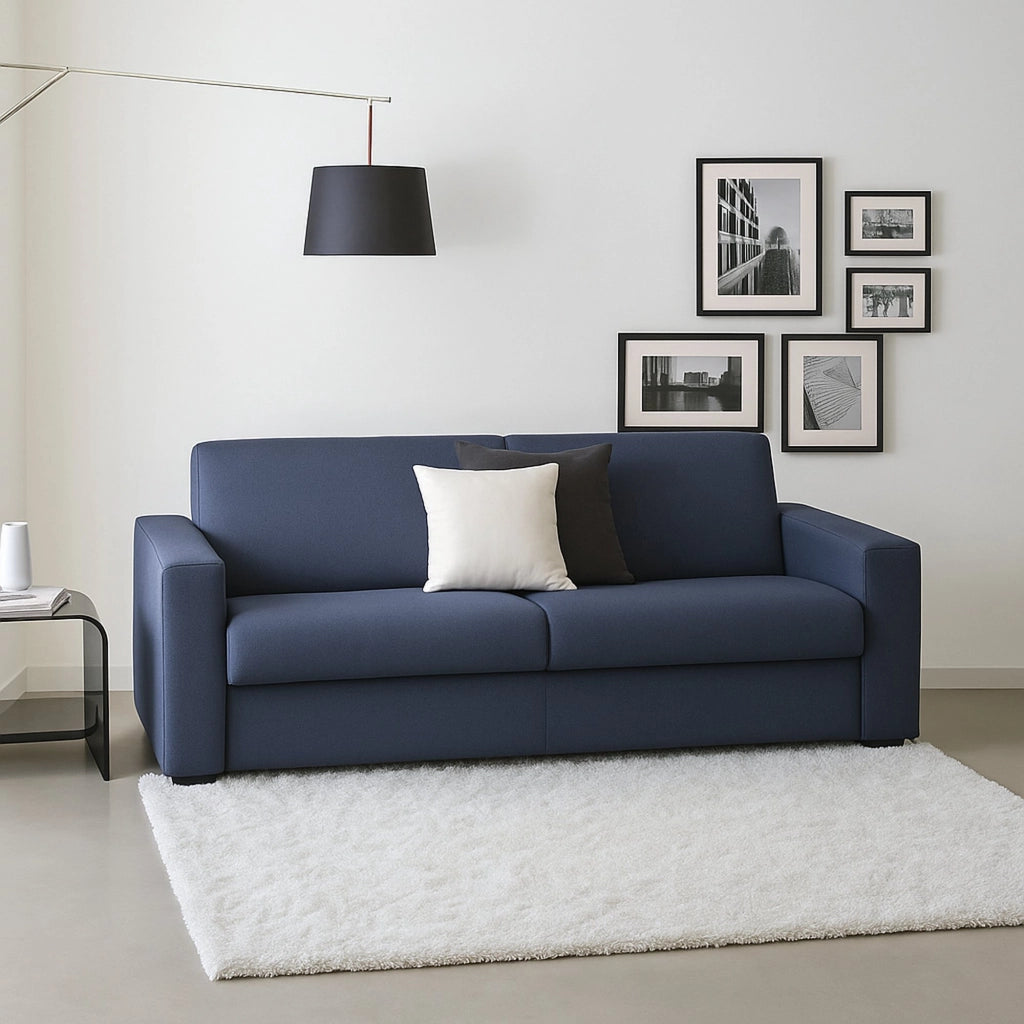 Divano fisso Ayta, Divano a 3 posti, Made in Italy, Sofà\  Soggiorno in tessuto imbottito, con Braccioli standard, cm 220x95h90, Blu