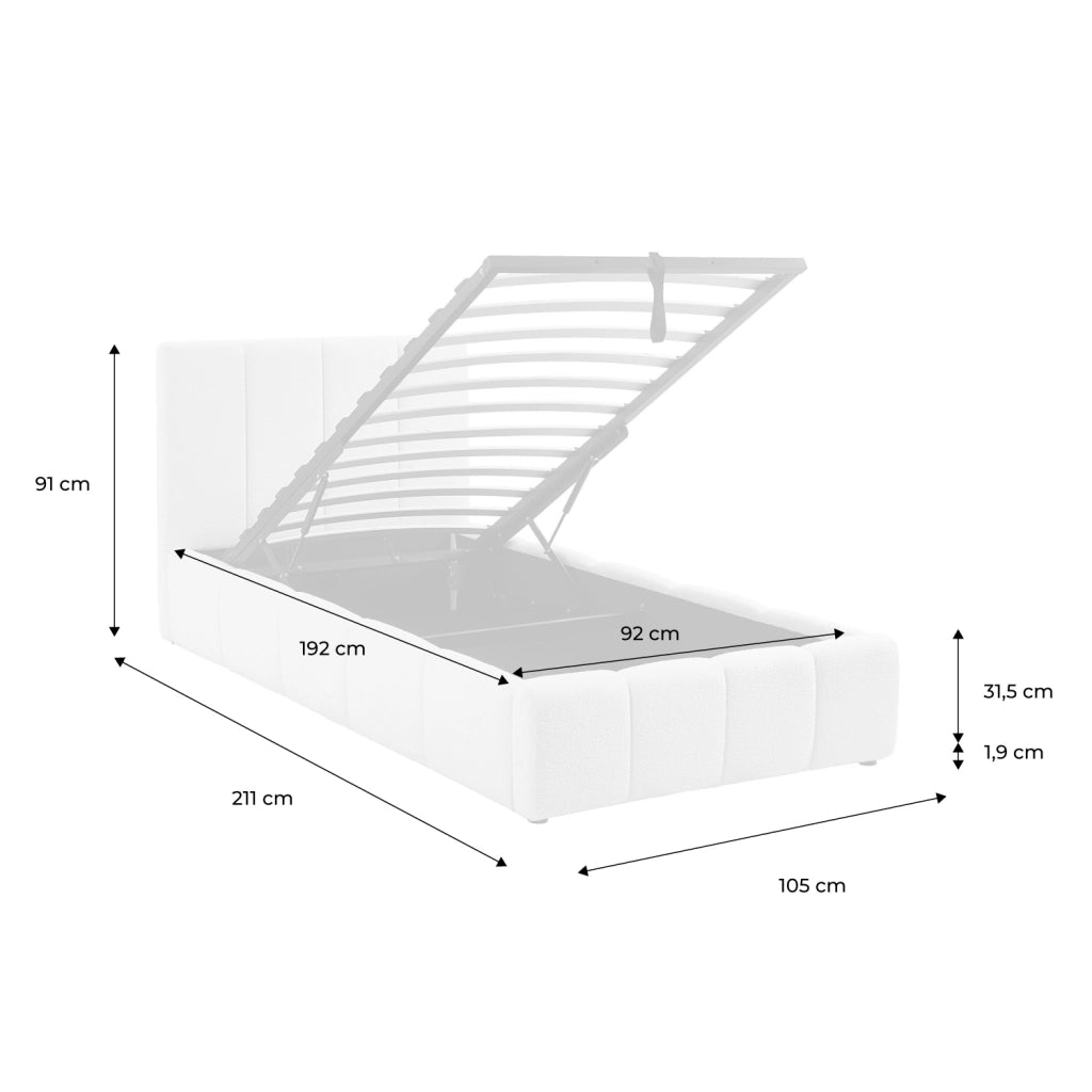 Letto contenitore con rete a doghe e testiera 90x190cm imbottito