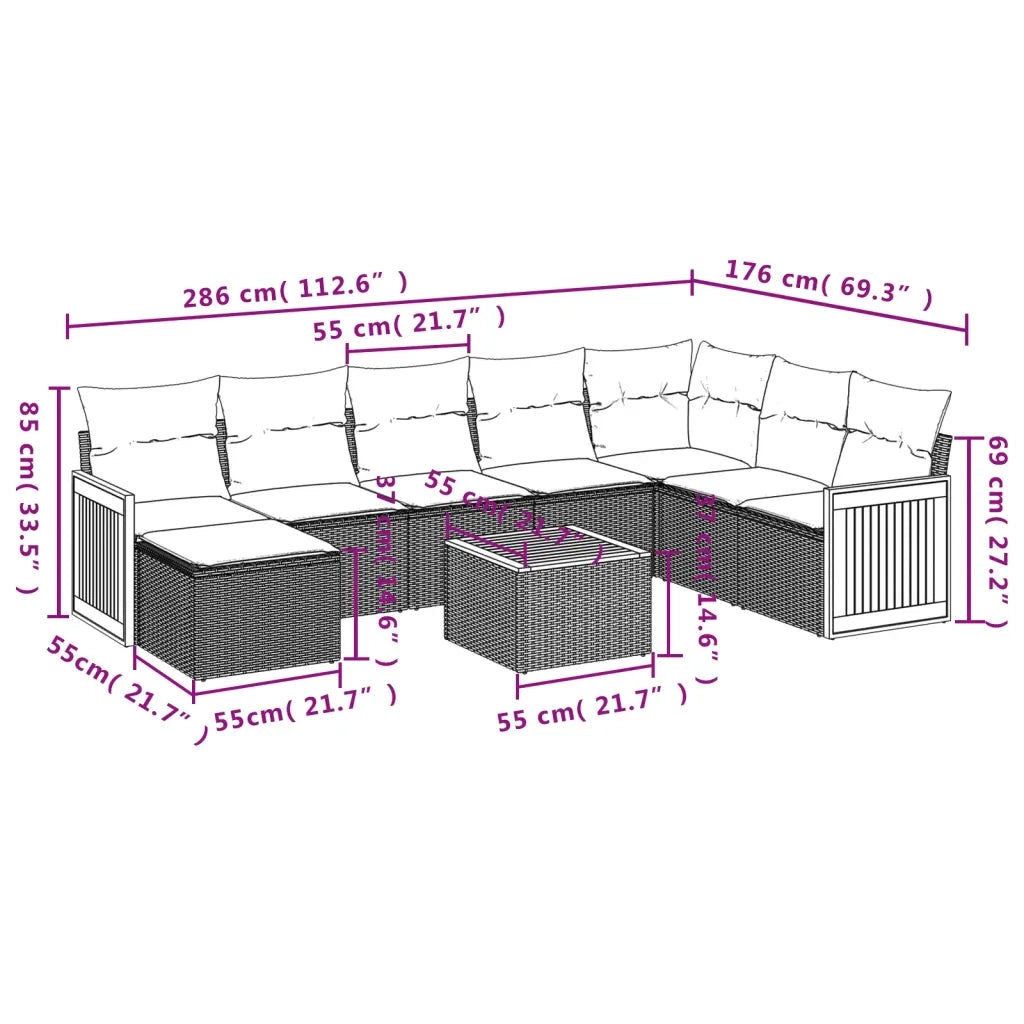 Set Divano da Giardino 9 pz con Cuscini Beige in Polyrattan