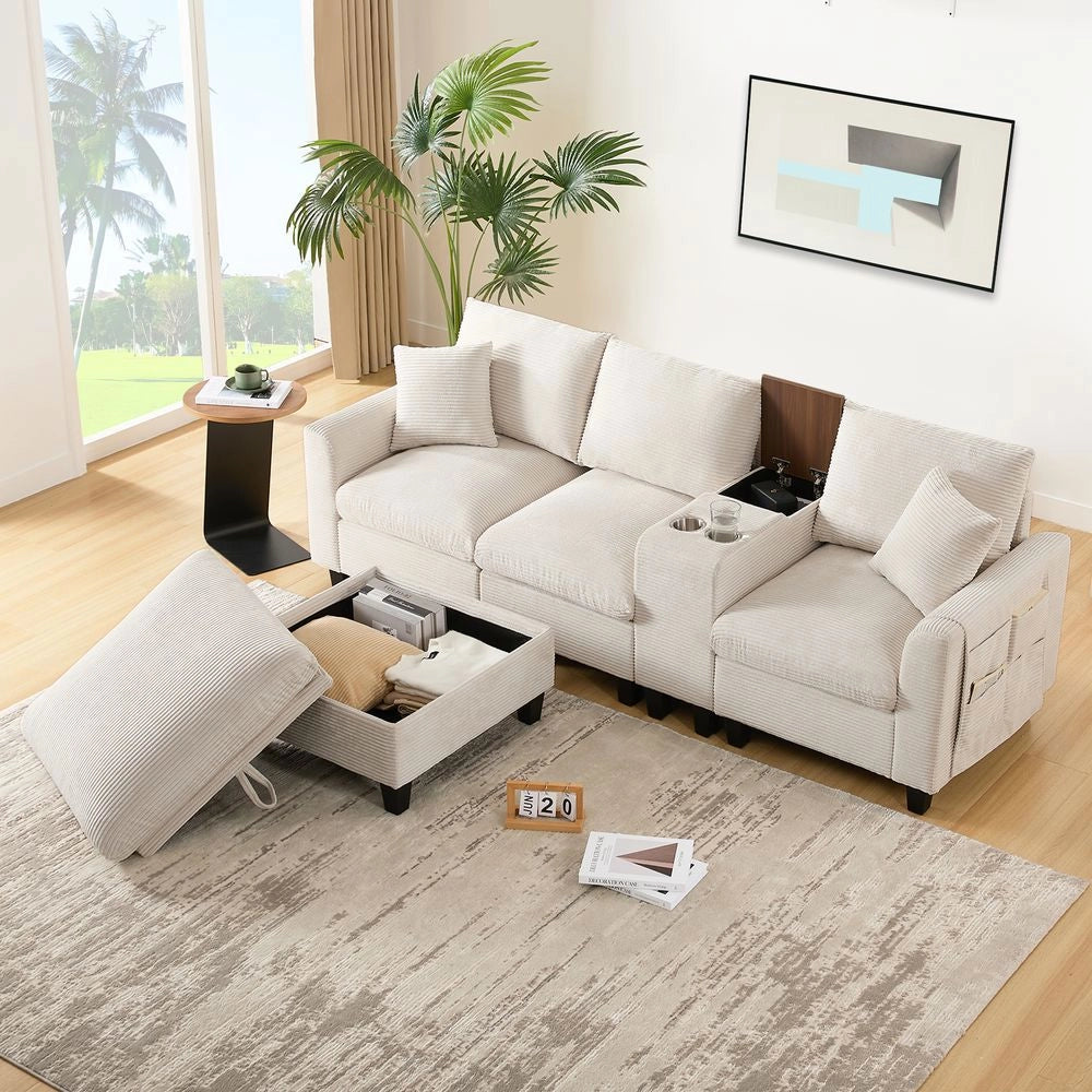 Divano angolare a L - Xylo - Velluto, console con USB, ripostiglio, beige