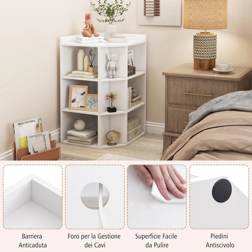 Mobile ad Angolo a 3 Livelli in Legno, Libreria Angolare Aperta con Stazione di Ricarica 9 Cubi 2 Porte USB e 4 Prese, Adatto per Spazi Ridotti, 51x71,5x86 cm (Bianco)