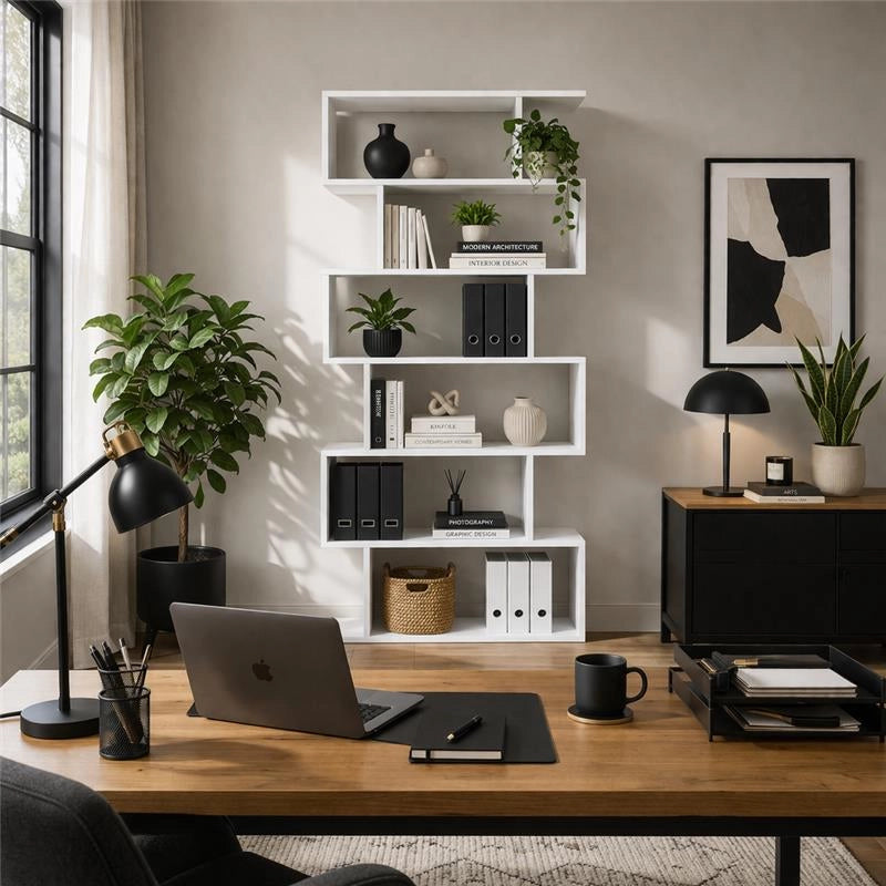 LIBRERIA ALANA CON 6 RIPIANI SFALSATI IN DESIGN MODERNO BIANCA