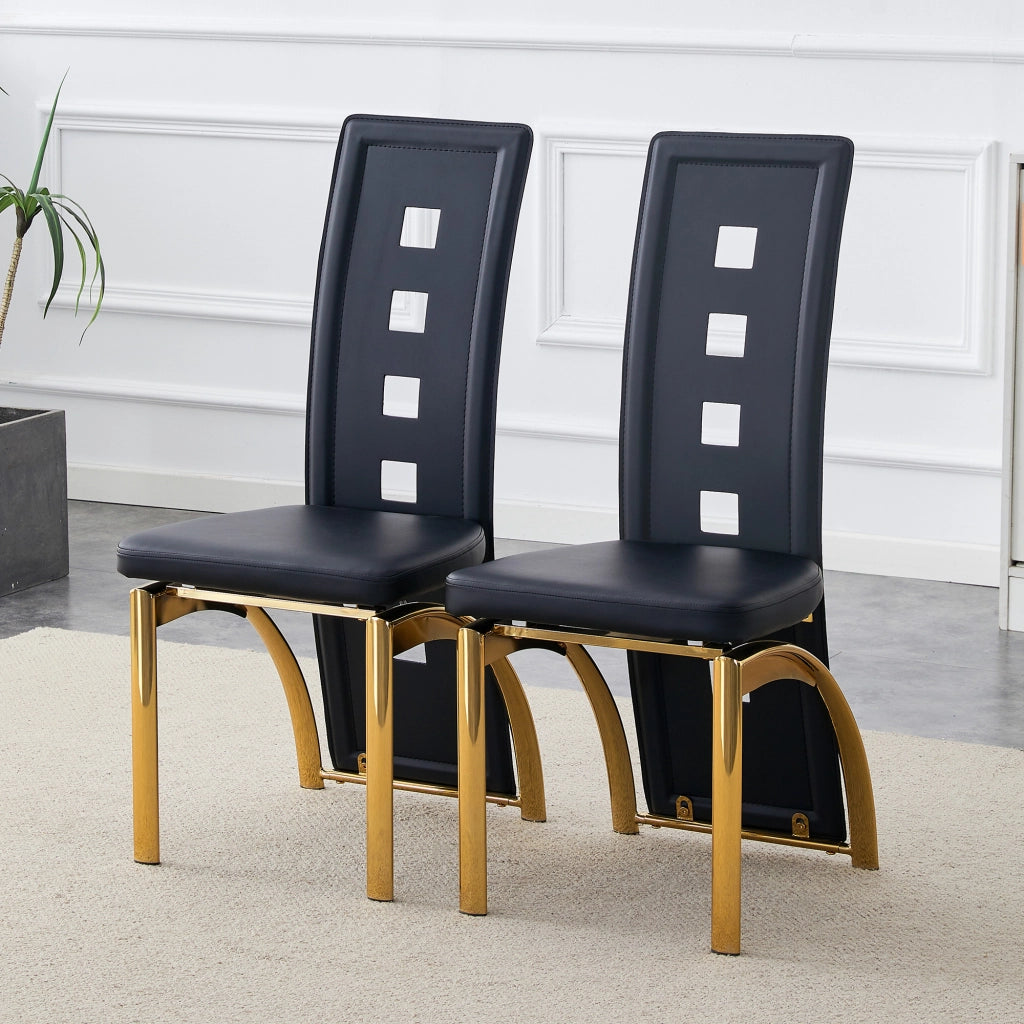 Sedia da Pranzo Set da 2 con Schienale Ajouré e Gambe in Metallo, PU Nero e Oro