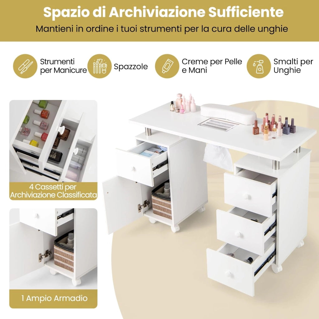 COSTWAY Tavolo Manicure con Aspirapolvere, Tavolo Unghie con Cassetti, Spina, 3 Sacchetti, Armadietto, Cuscino Poggia Polso e 8 Ruote blocabili, Banco Ricostruzione Unghie in Legno (Bianco)