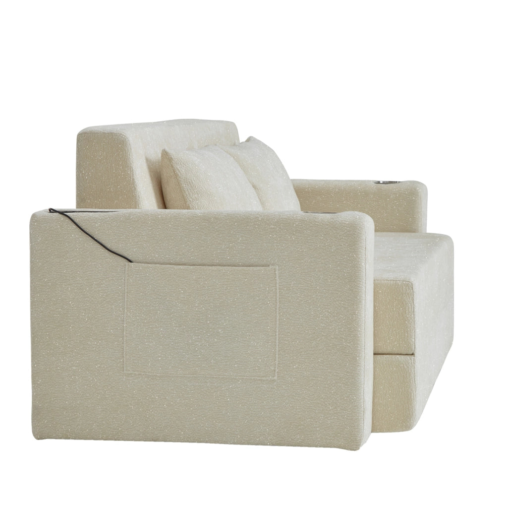 Divano letto 2-in-1 in chenille beige con USB e tasche laterali