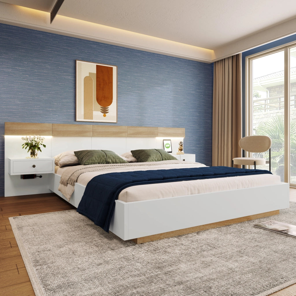 Letto Matrimoniale 140x200 cm - 2 Comodini LED; USB e Type-C - in Legno - Bianco Rovere
