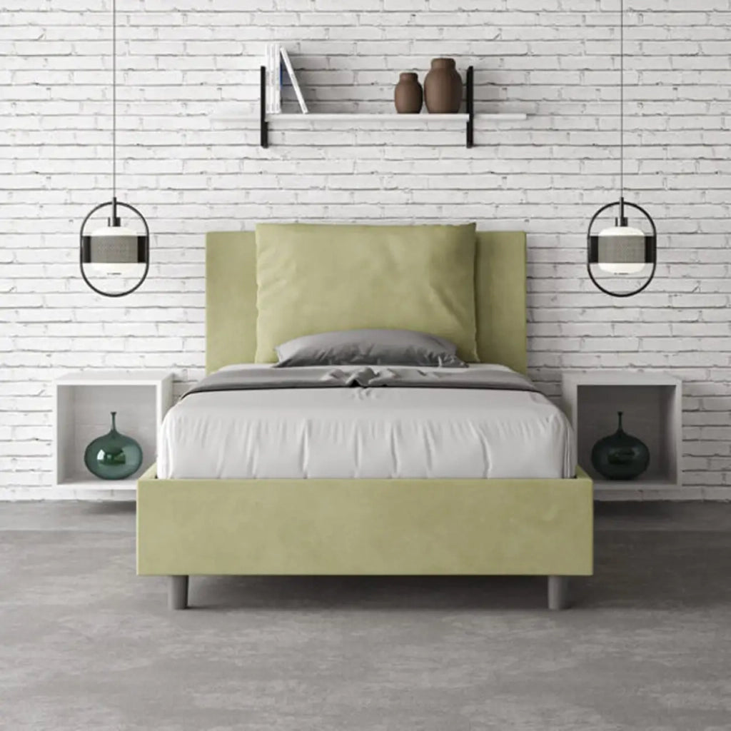 Letto una piazza e mezza con rete imbottito 120x190 microfibra tè verde Antea