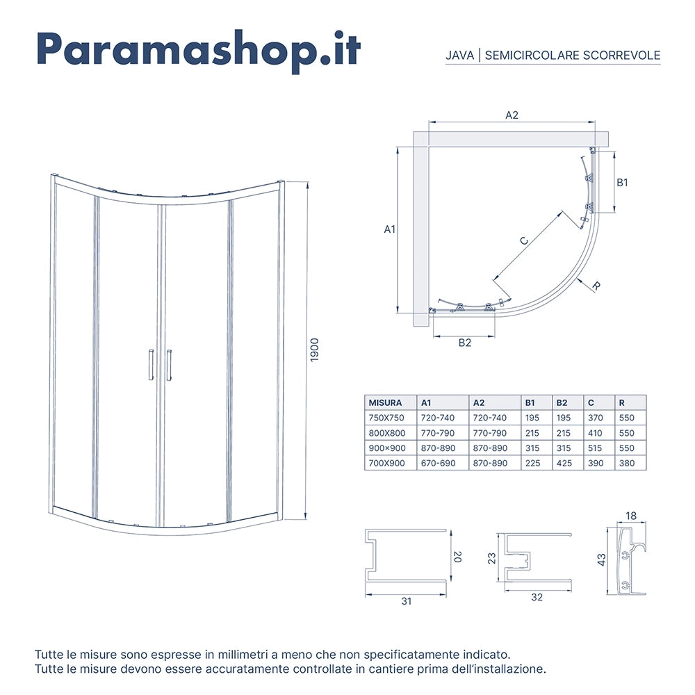 Box doccia 80x80cm semicircolare apertura scorrevole cristallo 6mm trasparente | Java