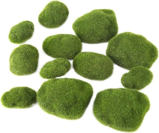 Simulazione di muschio per bonsai, 12 pezzi di pietre coperte da muschio artificiale verde.