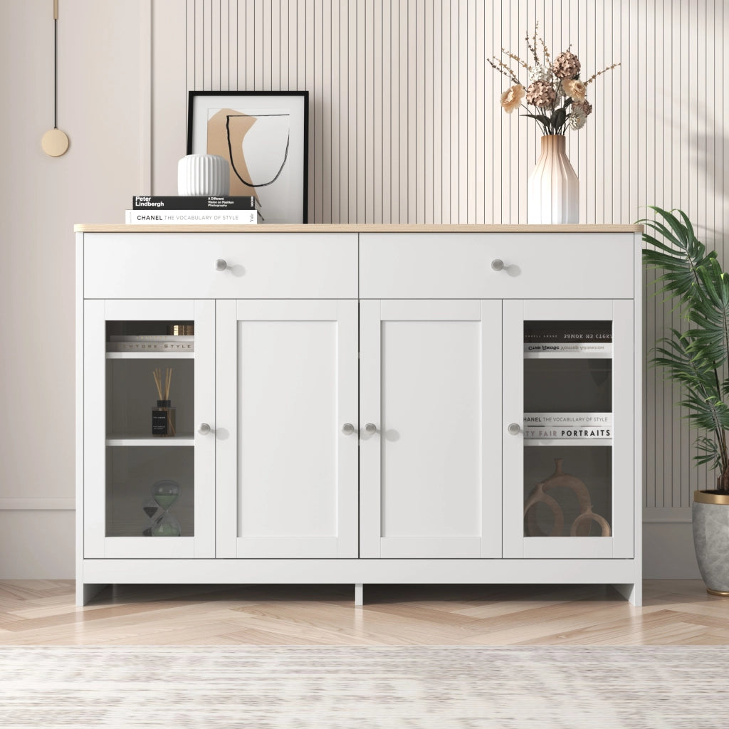 Credenza 4 Ante con Vetro e 2 Cassetti ¨C MINIMAL ¨C Legno e Bianco