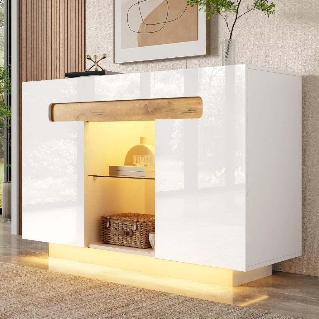 SIDEBOARD LED 120x40x80 cm Bianco e Effetto Legno Naturale