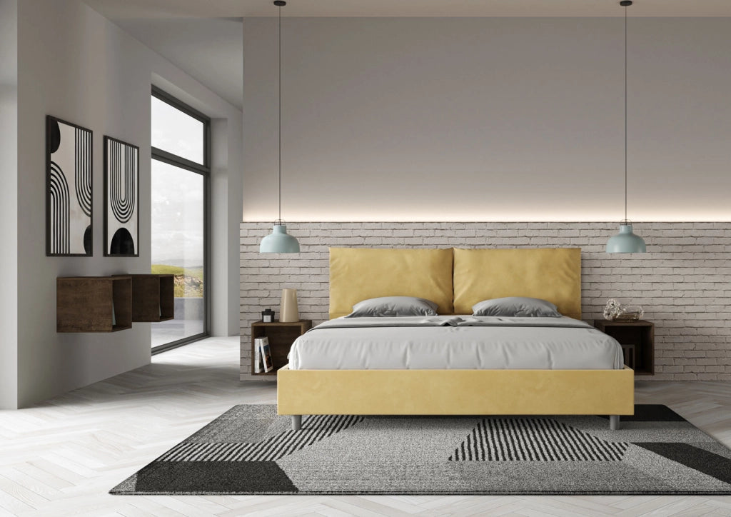 BS COM Letto matrimoniale king size contenitore imbottito 200x210 microfibra ocra