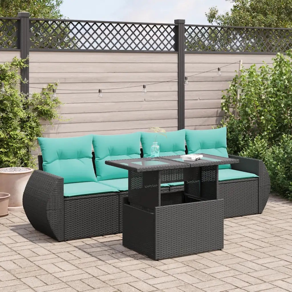 Set Divani da Giardino 5 pz con Cuscini Nero Polyrattan Acacia 3326558