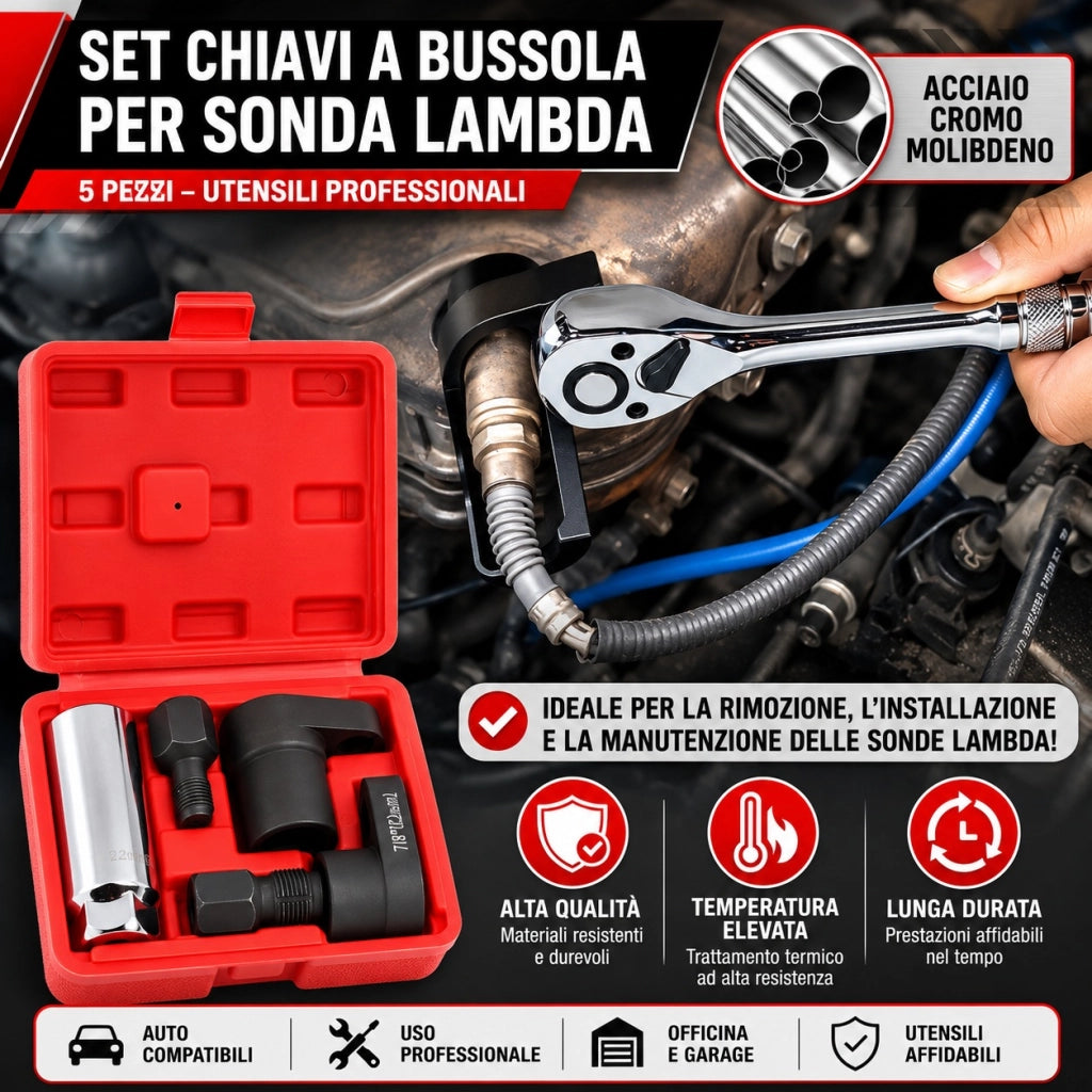 Set di 5 Chiavi per Sonde Lambda 22mm con Attacco da 3/8" e 1/2"