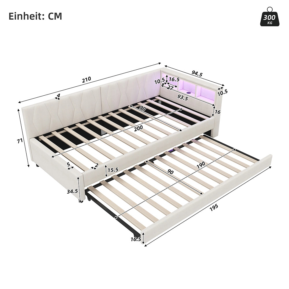 Daybed - Xylo - 90x200 cm LED USB contenitore beige