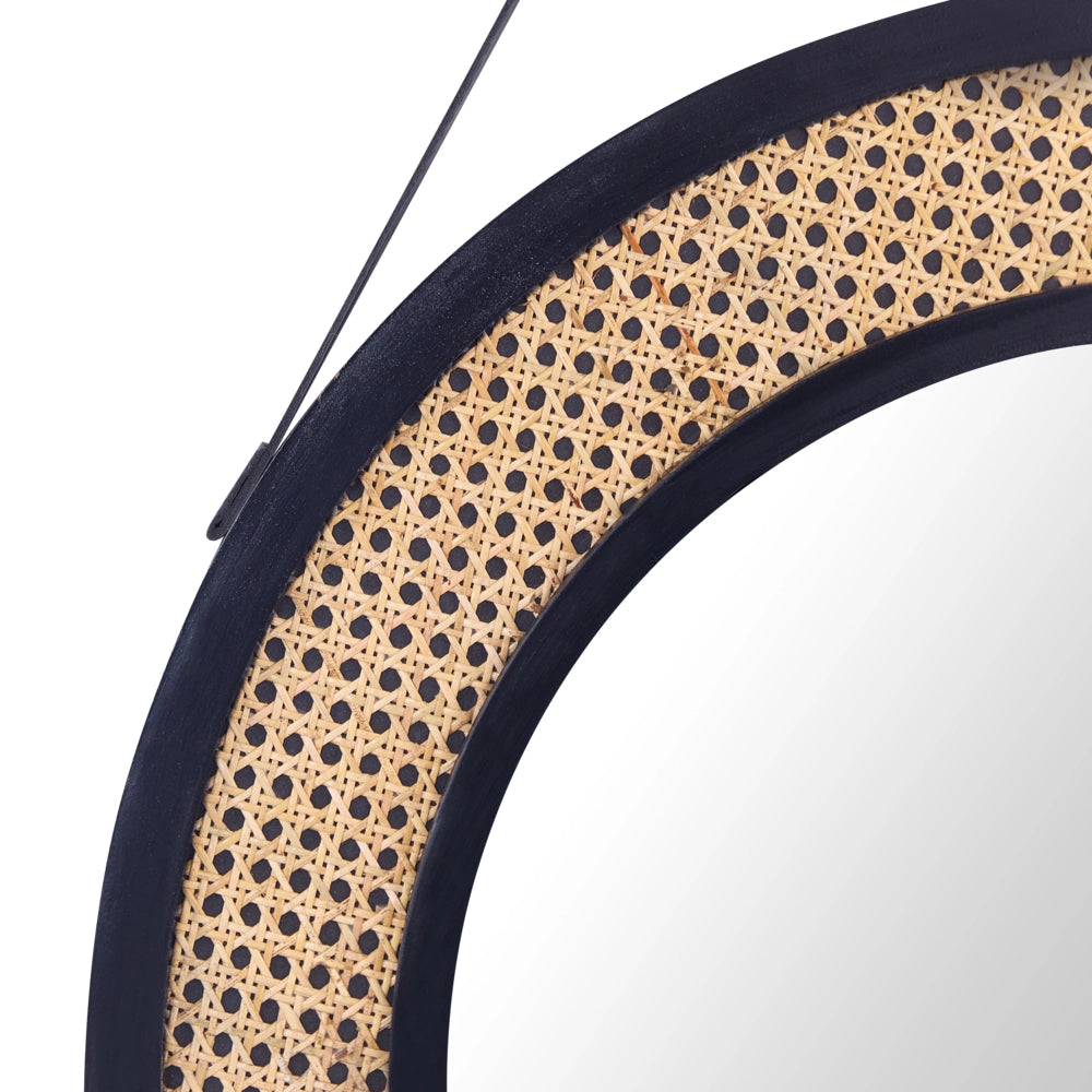 Specchio da parete con cinghia e struttura di forma rotonda in rattan metallo nero ø 70 cm soggiorno camera da letto ingresso
