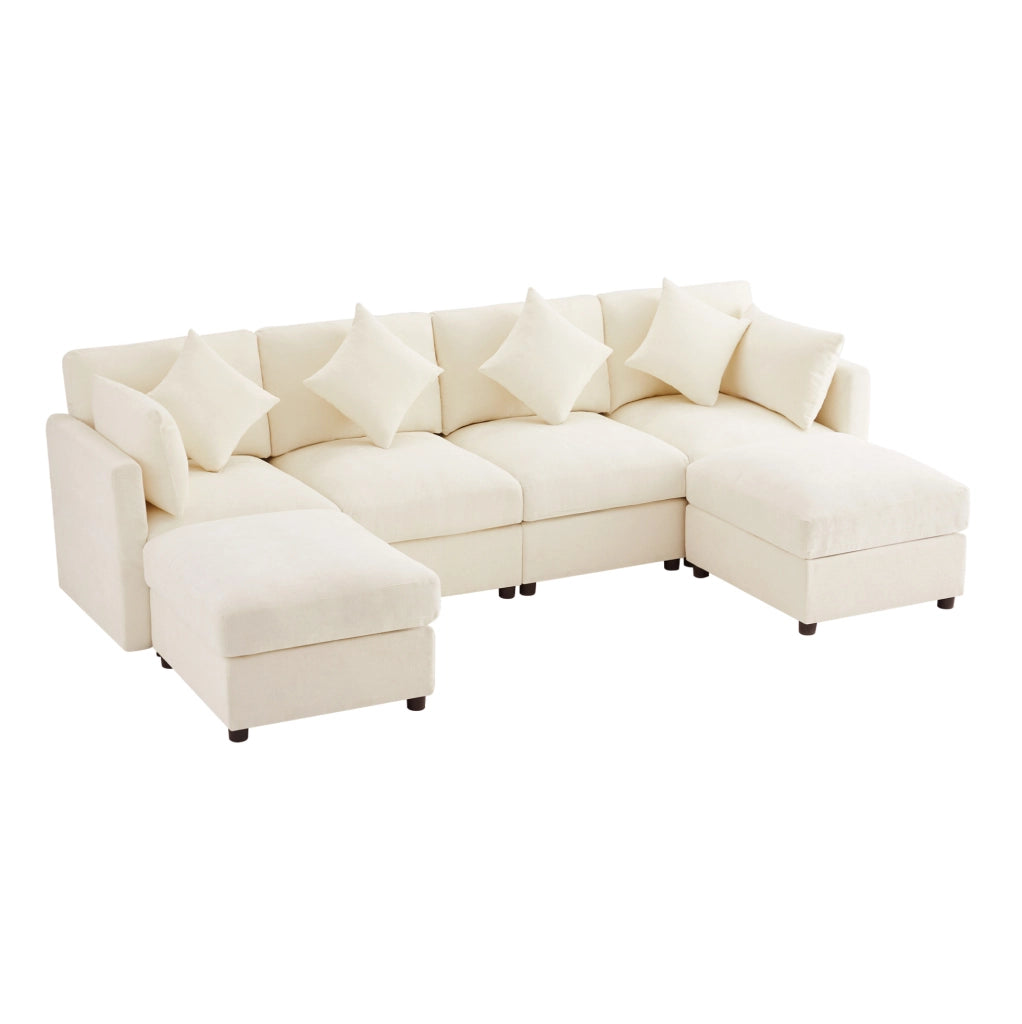 Divano modulare angolare in chenille beige con 2 pouf; braccioli regolabili e 6 cuscini; 284x156;5x86 cm