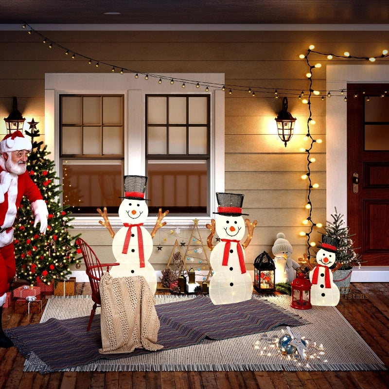 Famiglia di pupazzi di neve natalizi in 3 pezzi, decorazione per esterni, luci a LED, picchetti da terra, impermeabile, acciaio, poliestere, bianco