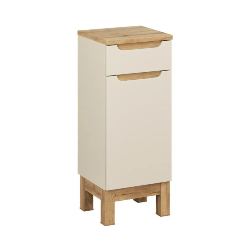 Set ERMANO cashmere e effetto quercia 150cm: mobile sottolavabo + lavabo da appoggio + mobili sospesi e da appoggio