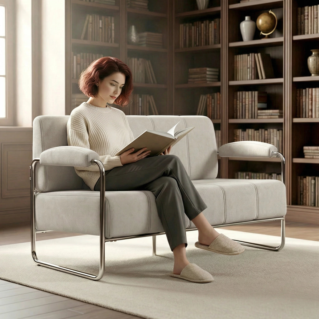 Divano 2 Posti Moderno Tessuto Beige ¨C Minimal ¨C 120x73x76 cm