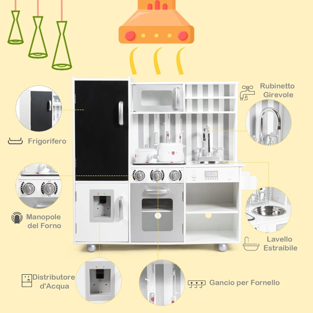 Cucina Giocattolo per Bambini, Cucina per Bambini con Suoni, Lavagna, Lavello, Piano Cottura e Vari Scomparti, 3 Anni+
