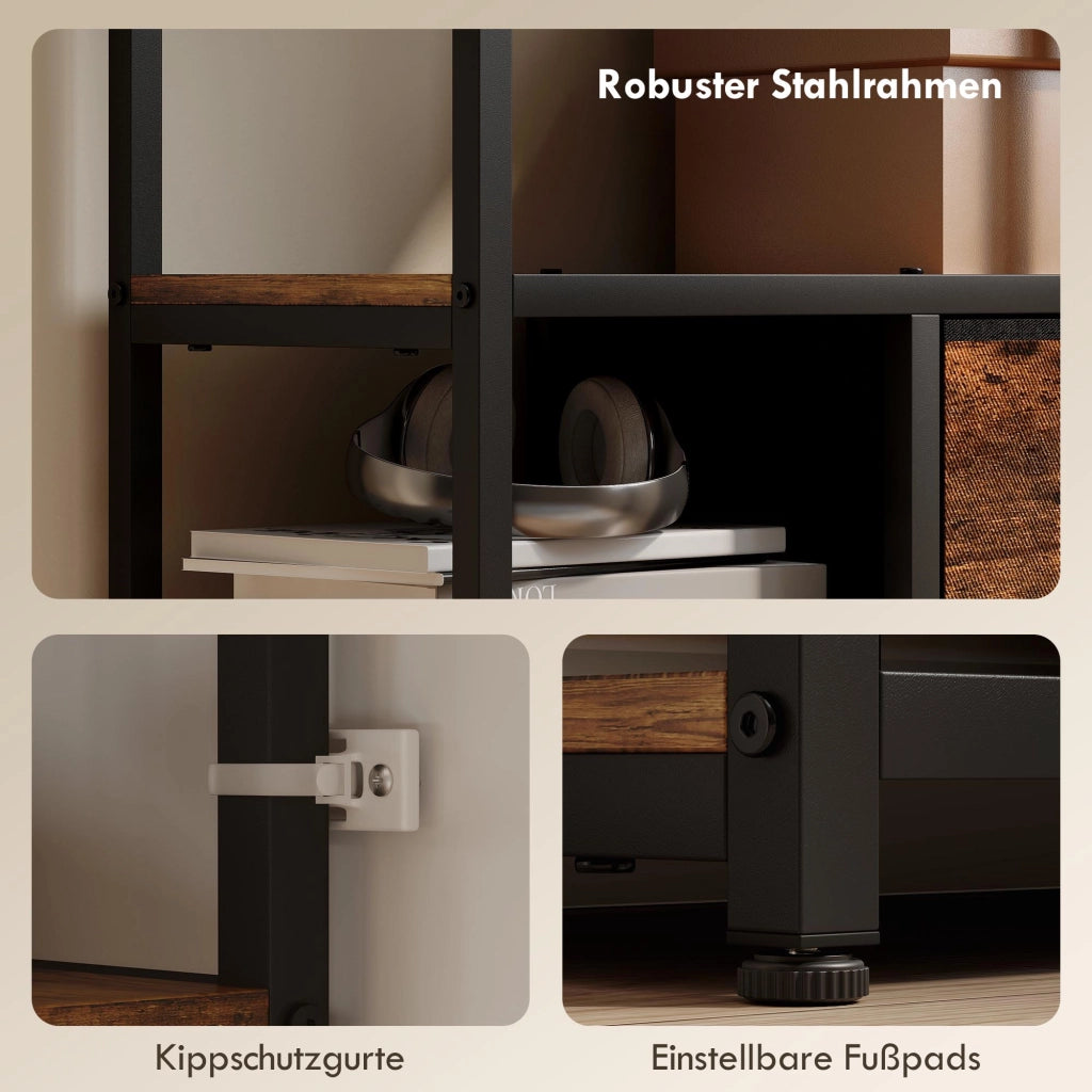 Cassettiera con Ripiani Aperti e 2 Cassetti in Tessuto ¨C Minimal ¨C Marrone e Nero