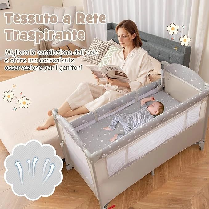 4 in 1 Lettino per Bambini con Materasso, Lettino Culla da Viaggio per Neonati, Culla Neonato con Fasciatoio, Box Portatile Pieghevole, con Ruote e Borsa, 125 x 65 x 119 cm (Beige)