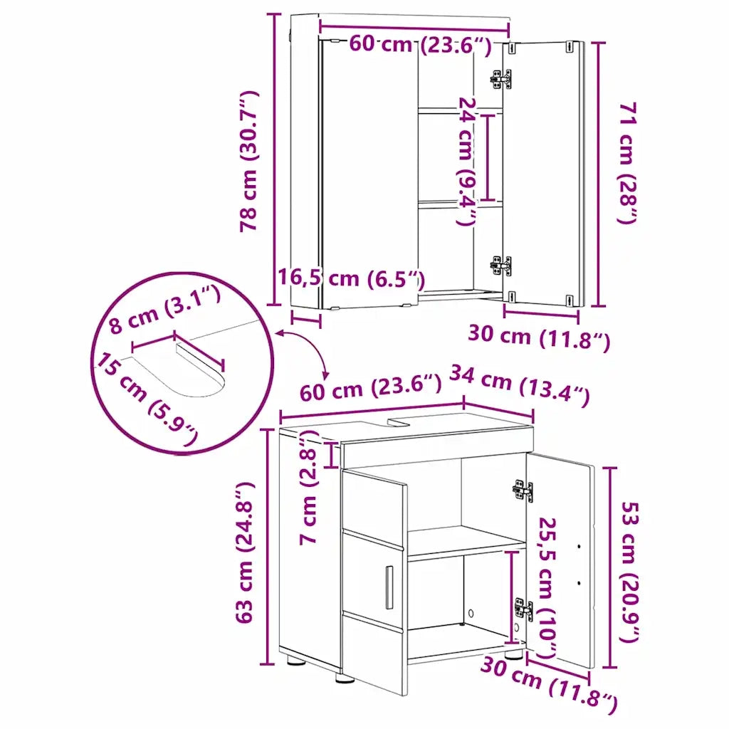Set di mobili per il bagno TULUM 3 pz Grigio Sonoma 3398040