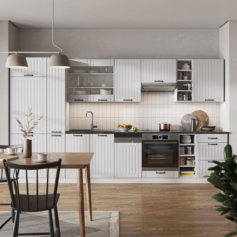 Cucina componibile Fame-Line Bianco rustico/Bianco 355 cm, PL Marmo Vicco