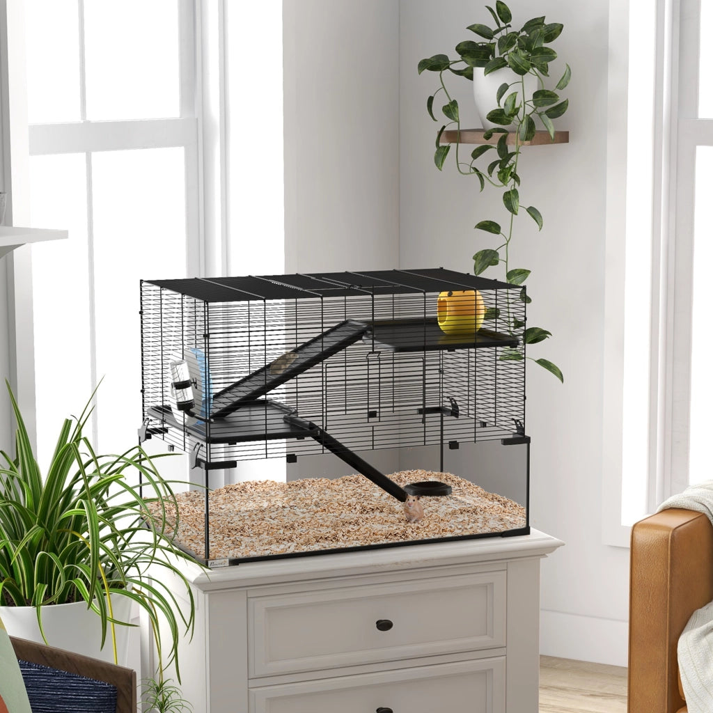 Gabbia per Criceti a 3 Livelli con Ruota e Accessori ¨C Minimal ¨C Nero 76.5x48.5x54.5 cm