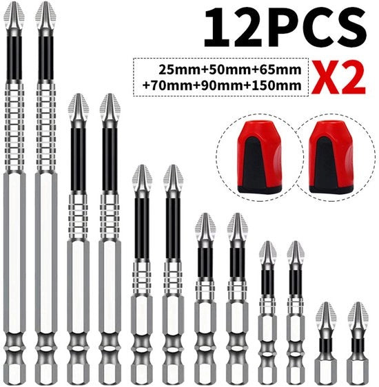 Set di bit Phillips per elettroutensile e trapano - alta durezza - 12 pezzi + 2 magneti rossi e neri
